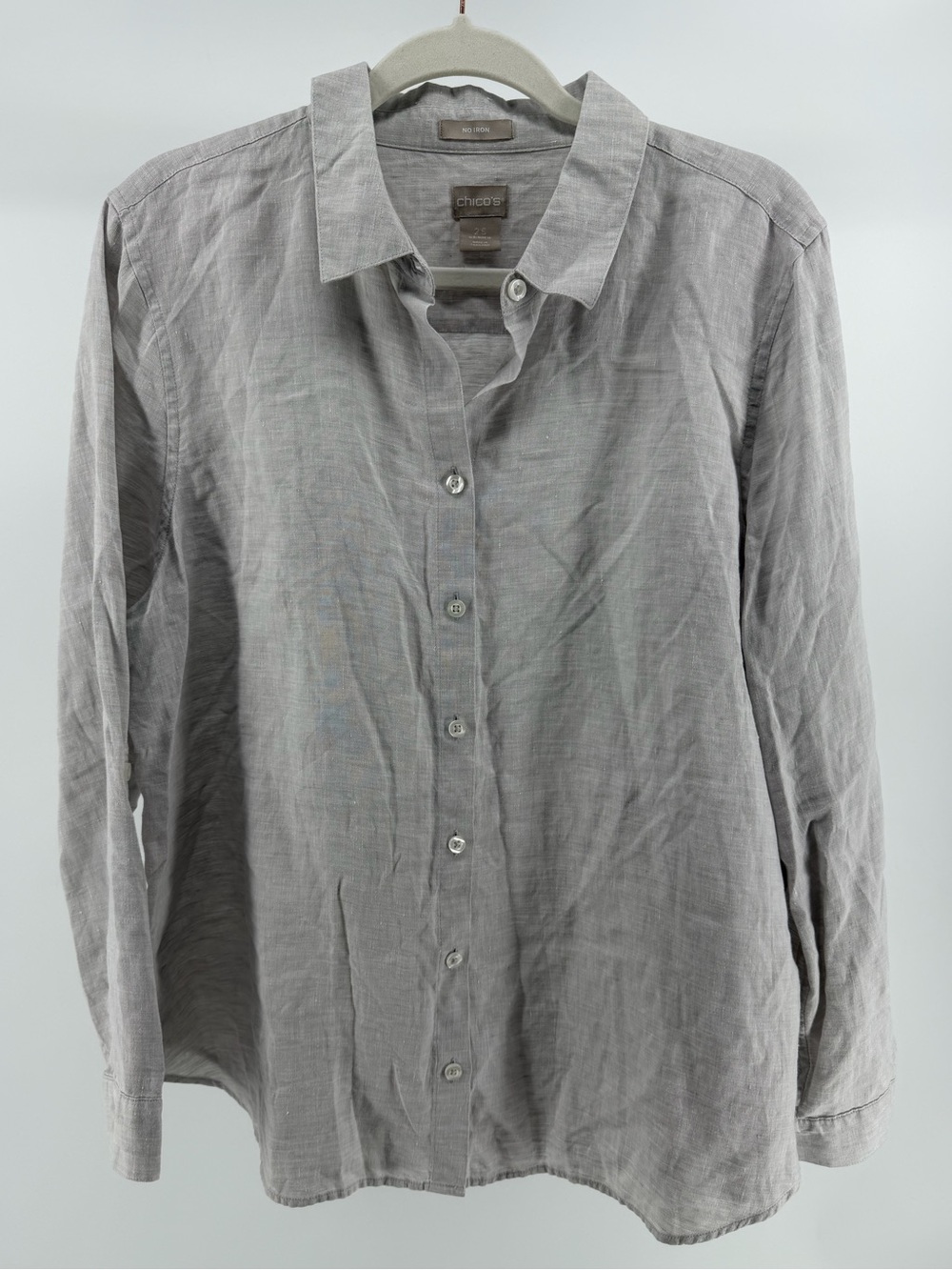 Chico's No Iron 100% Linen Button-Down Shirt in Light Grey, Women's 14 (2.5)